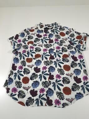 Wildfang Shirt Womens 1X White Floral Tropical Print Short Sleeve Button Up